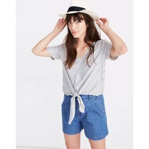 Madewell‎ Women's Novel Striped Tie Front V Neck Short Sleeve Top Blouse Medium